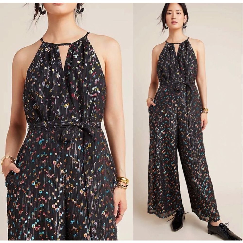 Nwt Anthropologie Eva Franco Wide Leg Jumpsuit Halter Neck Metallic Black Size 0